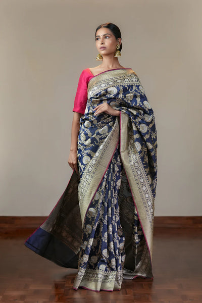 Reshma Arora in our handwoven vintage revival blue silk saree