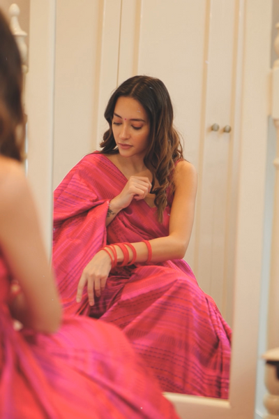 Komal Kapoor Grover in our handwoven pink tanchoi silk saree