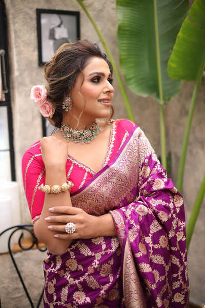 TIna Kakkad in our handwoven purple jangla silk saree