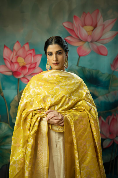 Handwoven yellow meenakari silk dupatta