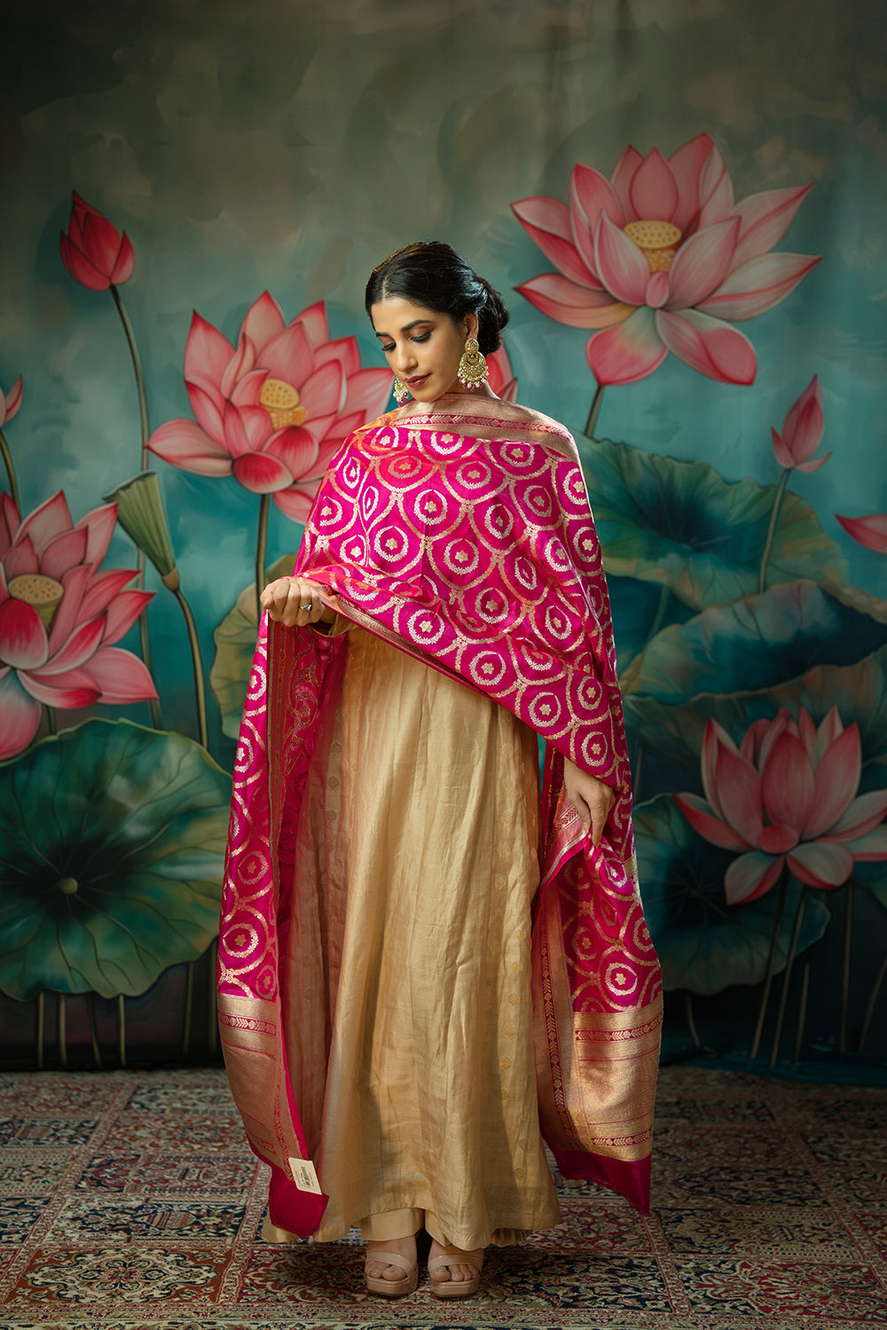 Handwoven candy pink silk dupatta