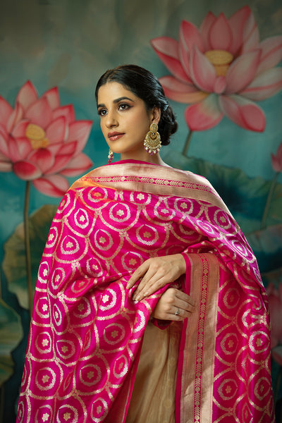 Handwoven candy pink silk dupatta