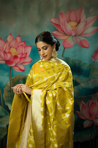 Handwoven yellow chowkdi jaal silk dupatta