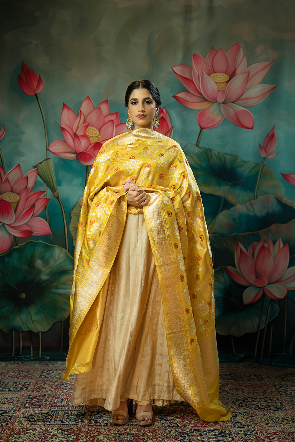 Handwoven yellow meenakari jangla dupatta