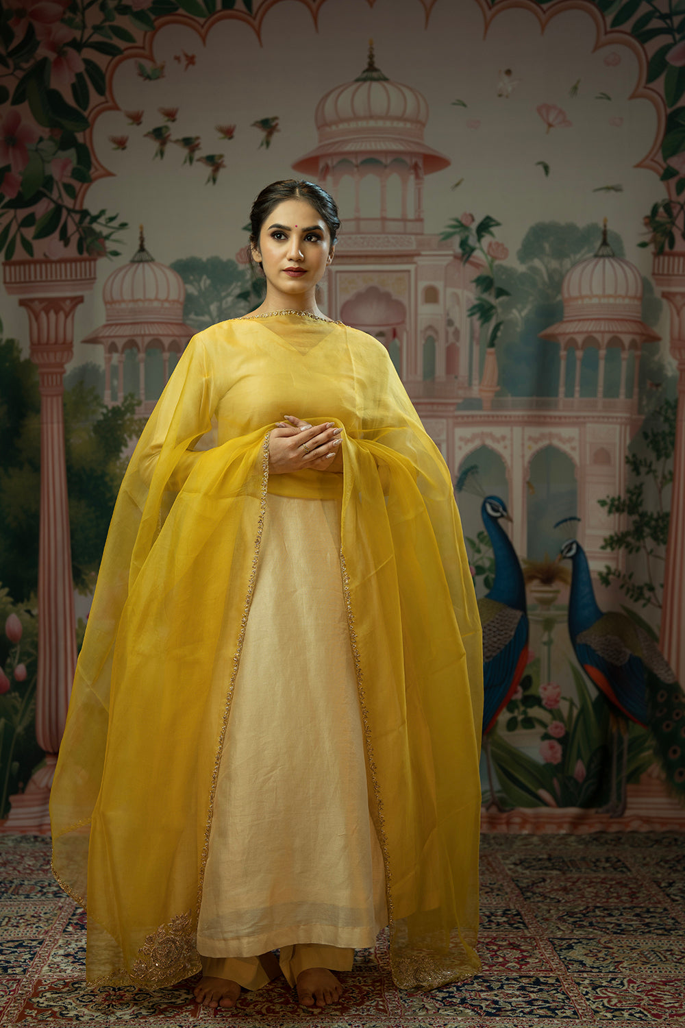 Hand embroidered yellow organza dupatta