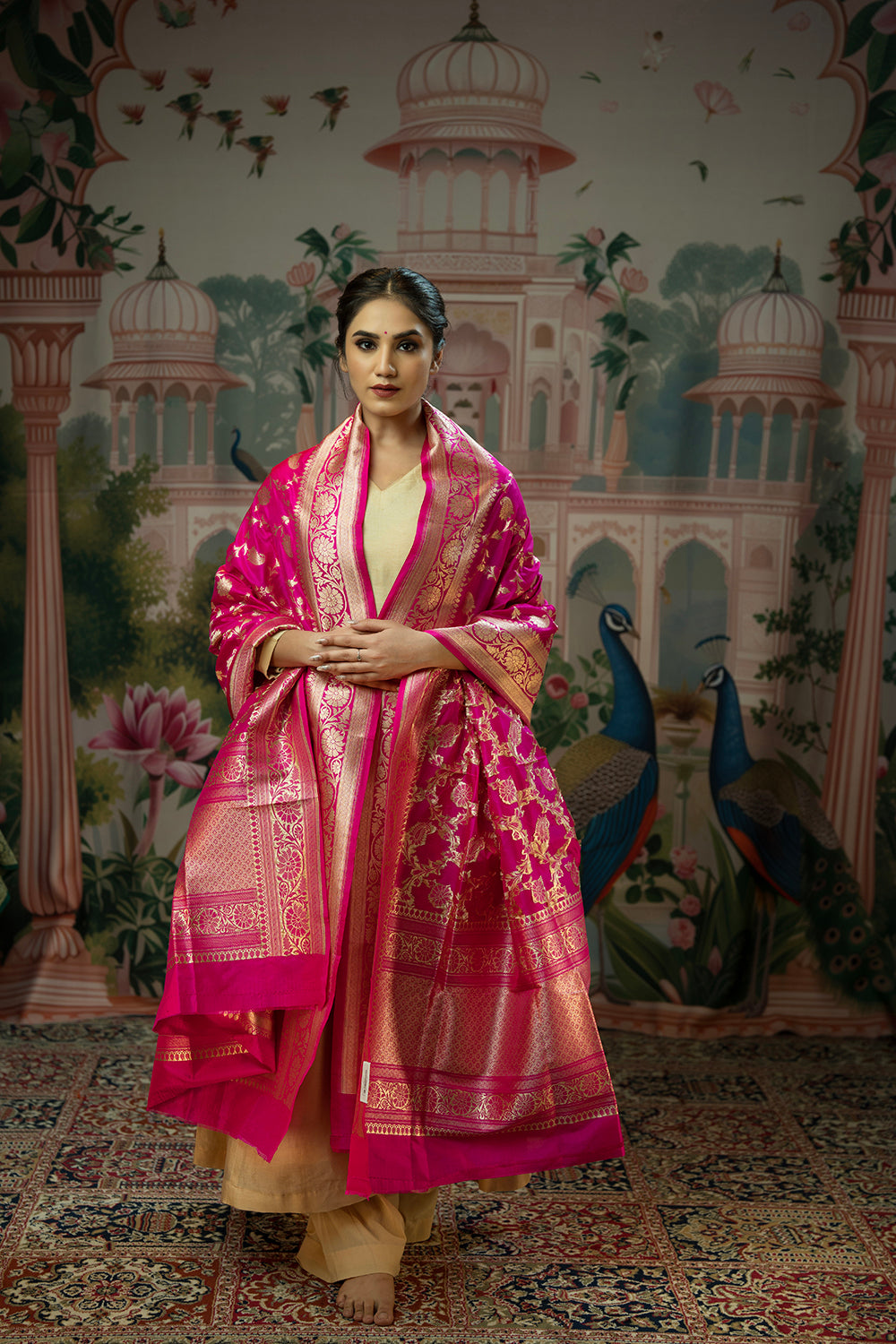 Handwoven candy pink silk jangla dupatta