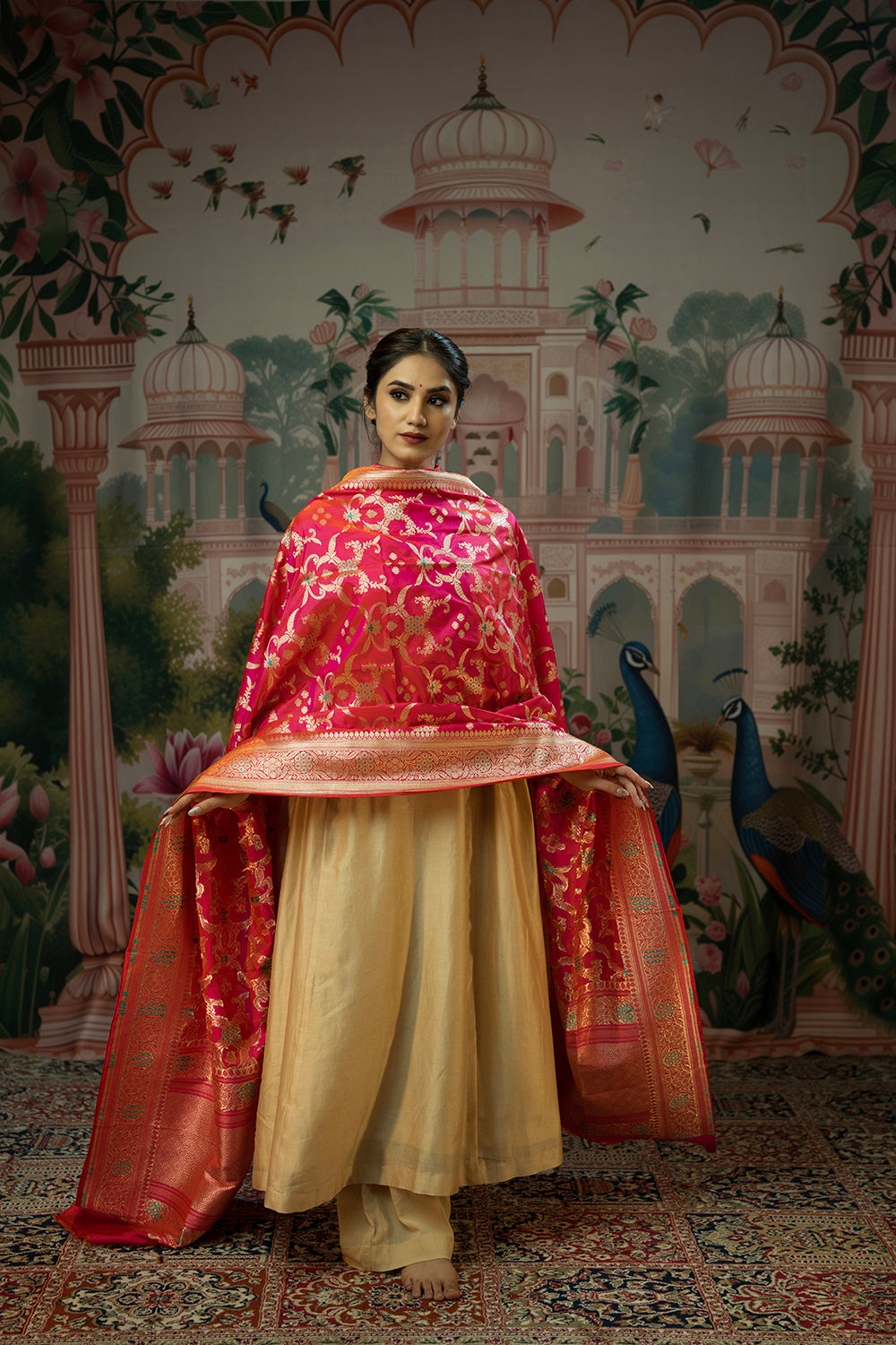 handwoven pink jangla silk dupatta