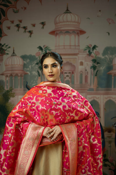 handwoven pink jangla silk dupatta