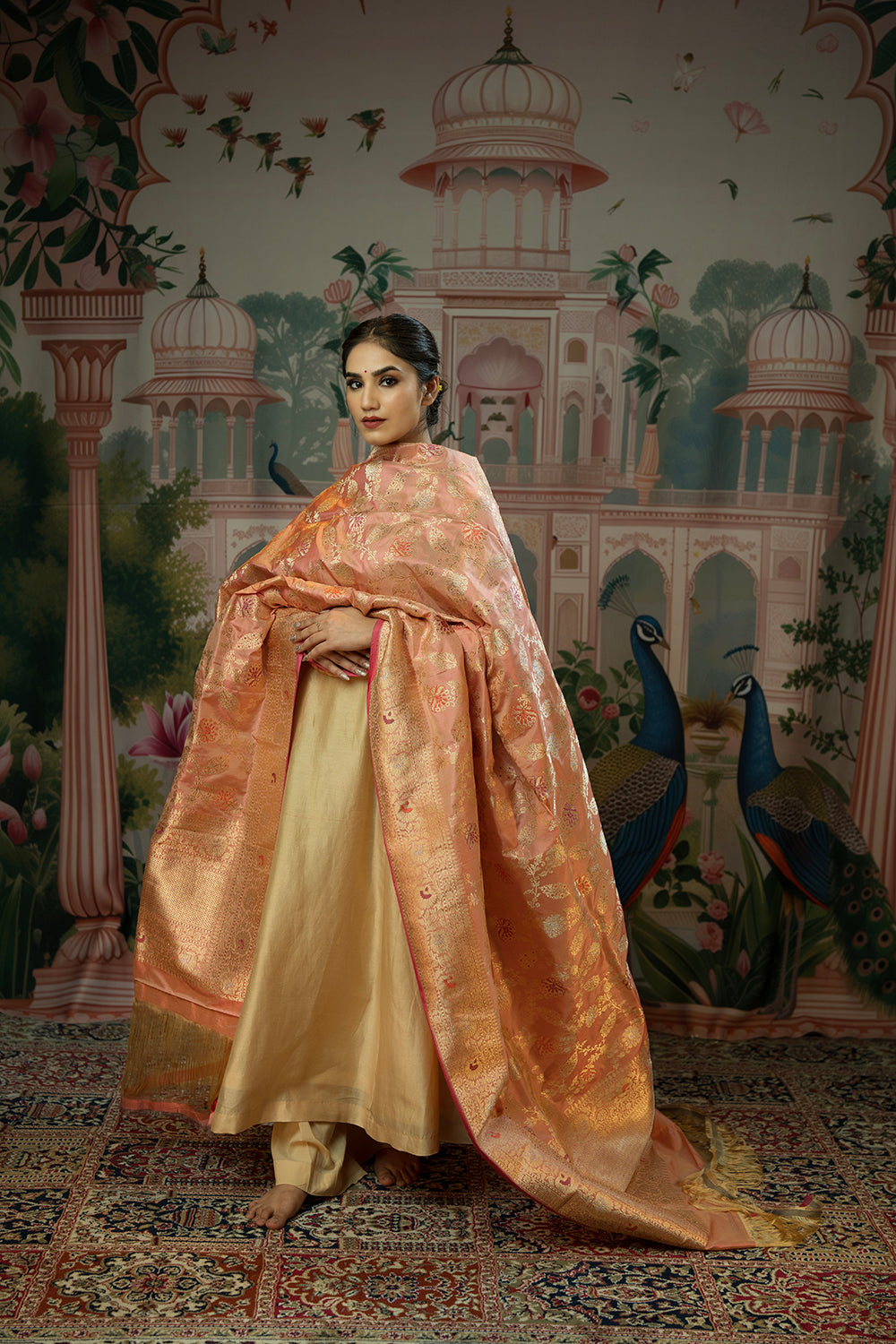 Handwoven shot peach vintage revival silk dupatta