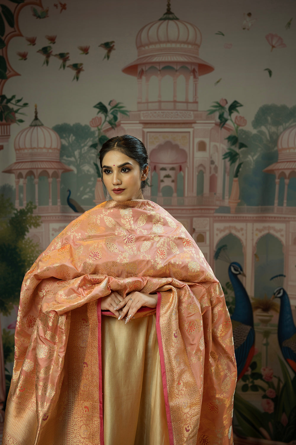 Handwoven shot peach vintage revival silk dupatta