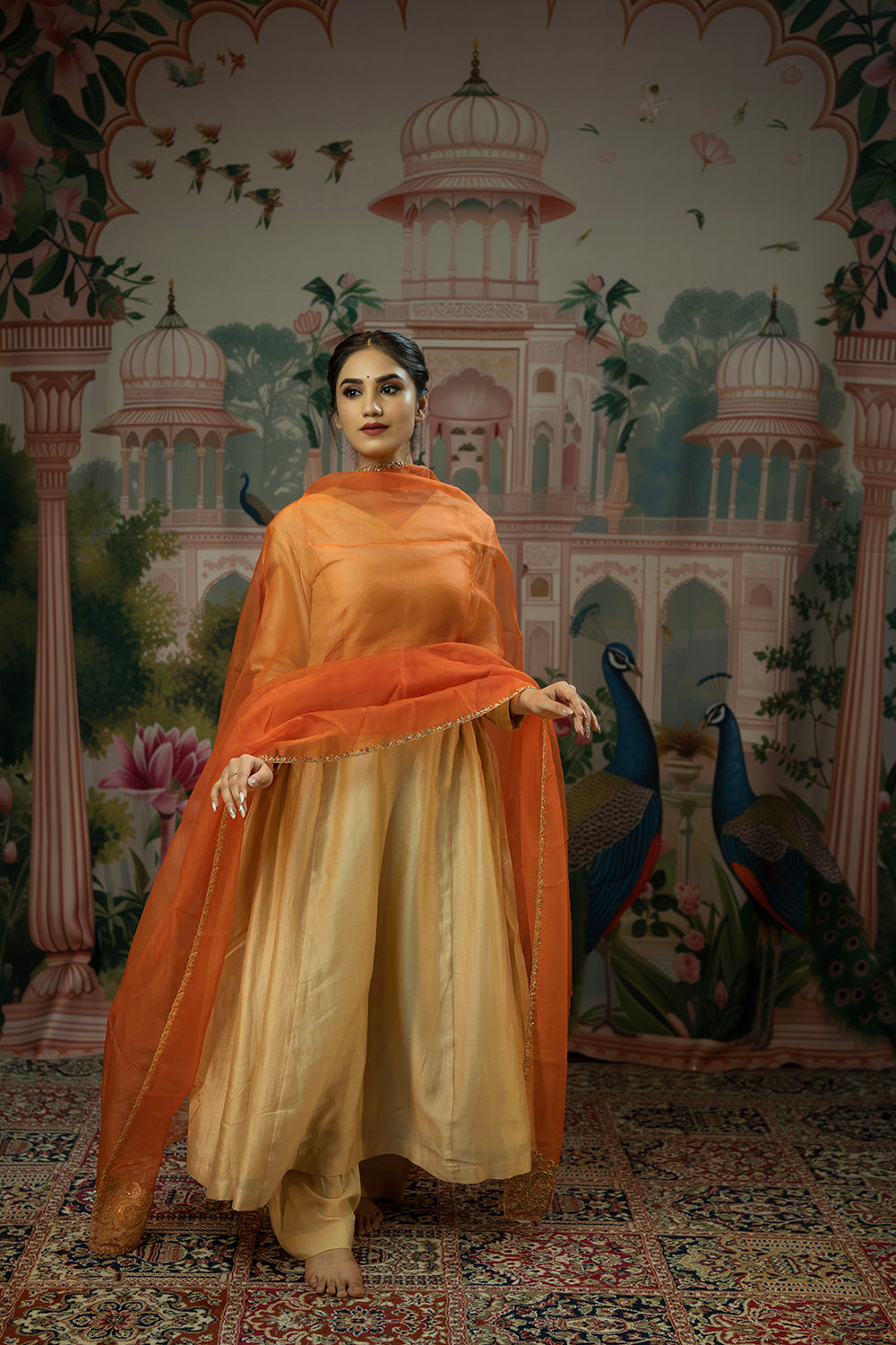 Hand embroidered orange organza dupatta