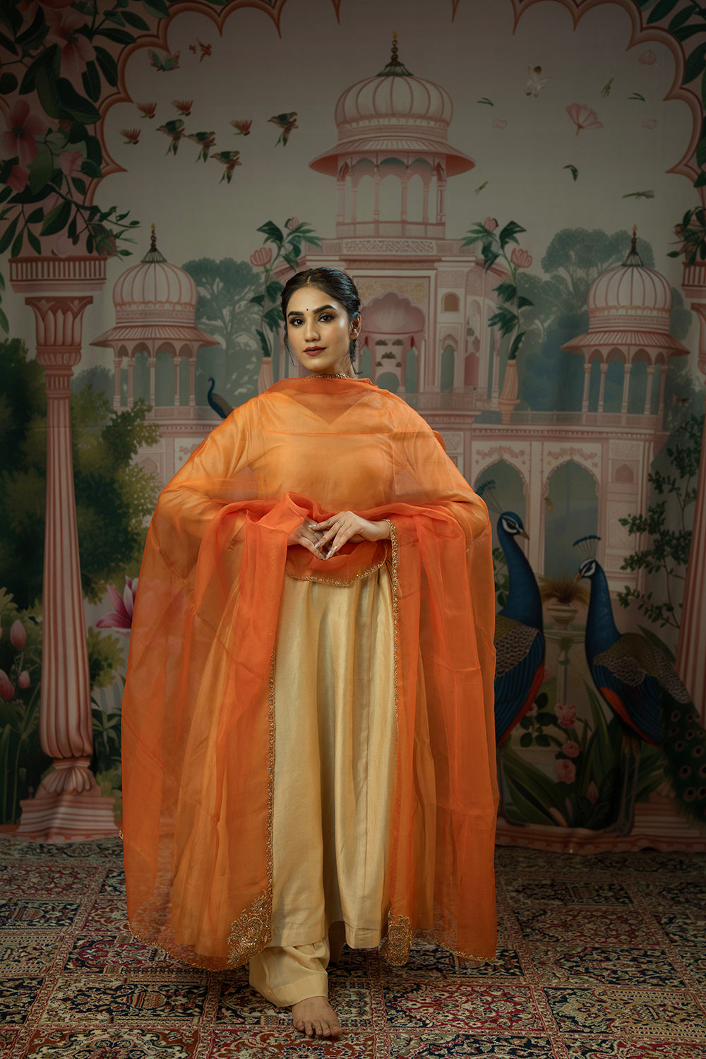 Hand embroidered orange organza dupatta