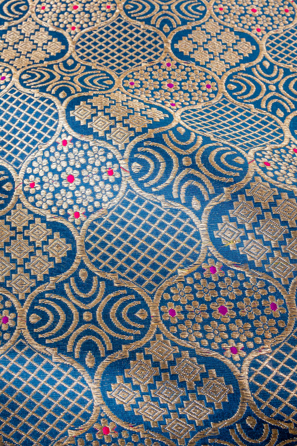 Handwoven blue silk brocade fabric