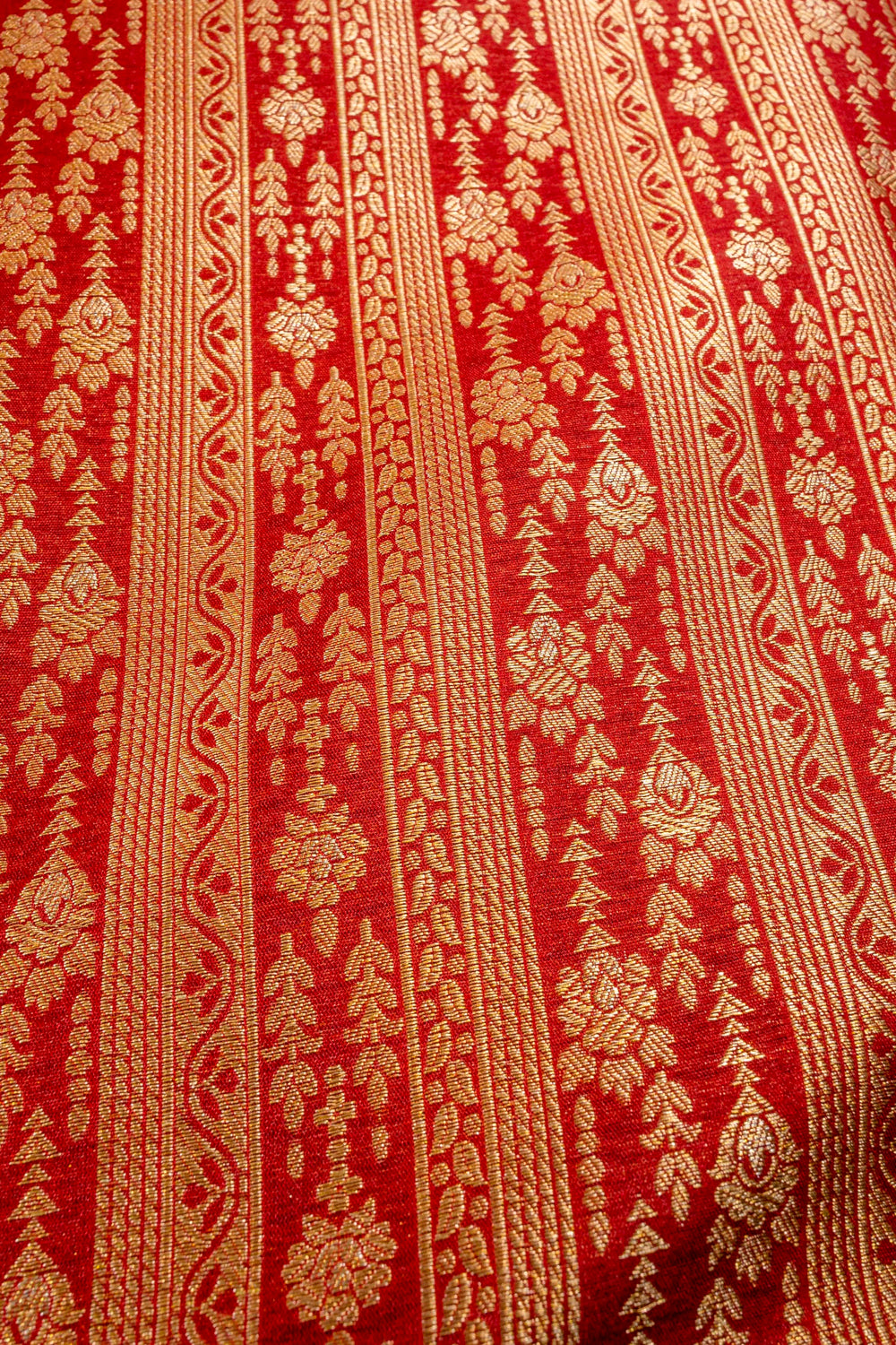 Handwoven red silk brocade fabric