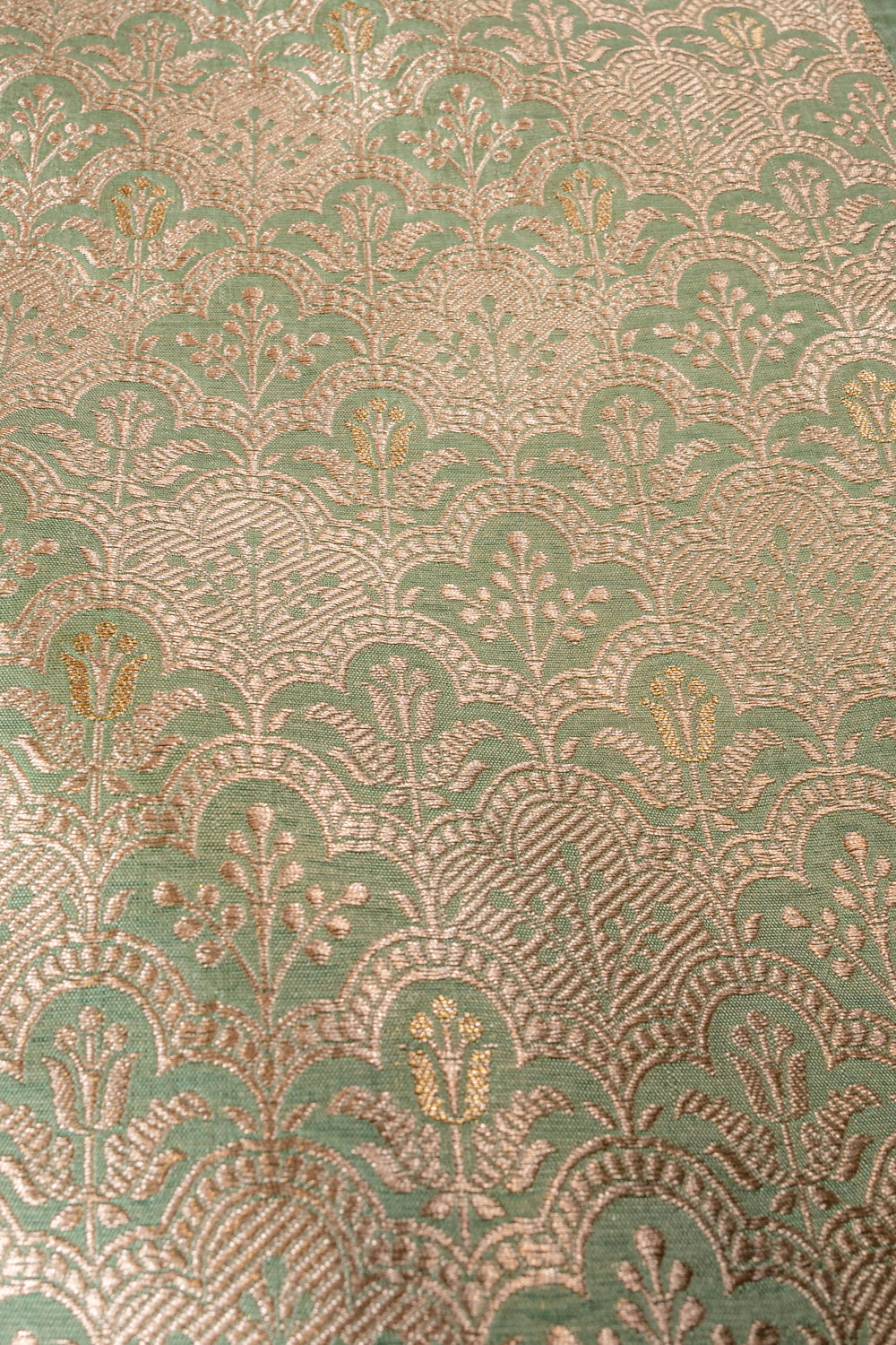 Handwoven sage green silk brocade fabric