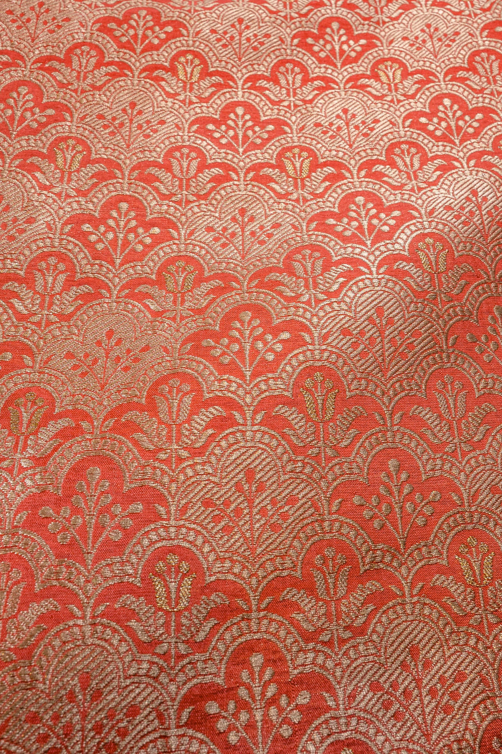 Handwoven coral silk brocade fabric