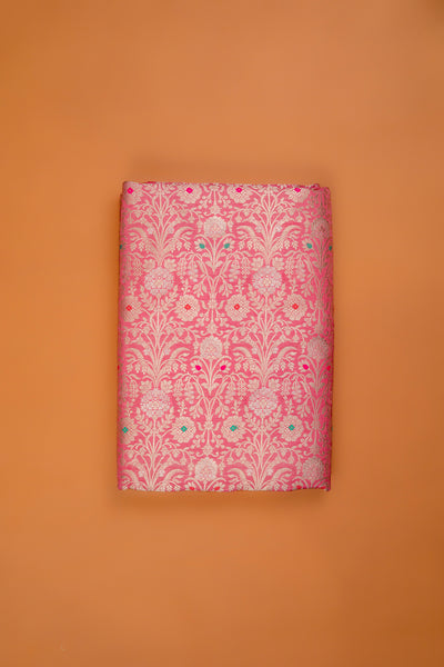 Handwoven carrot pink silk brocade fabric