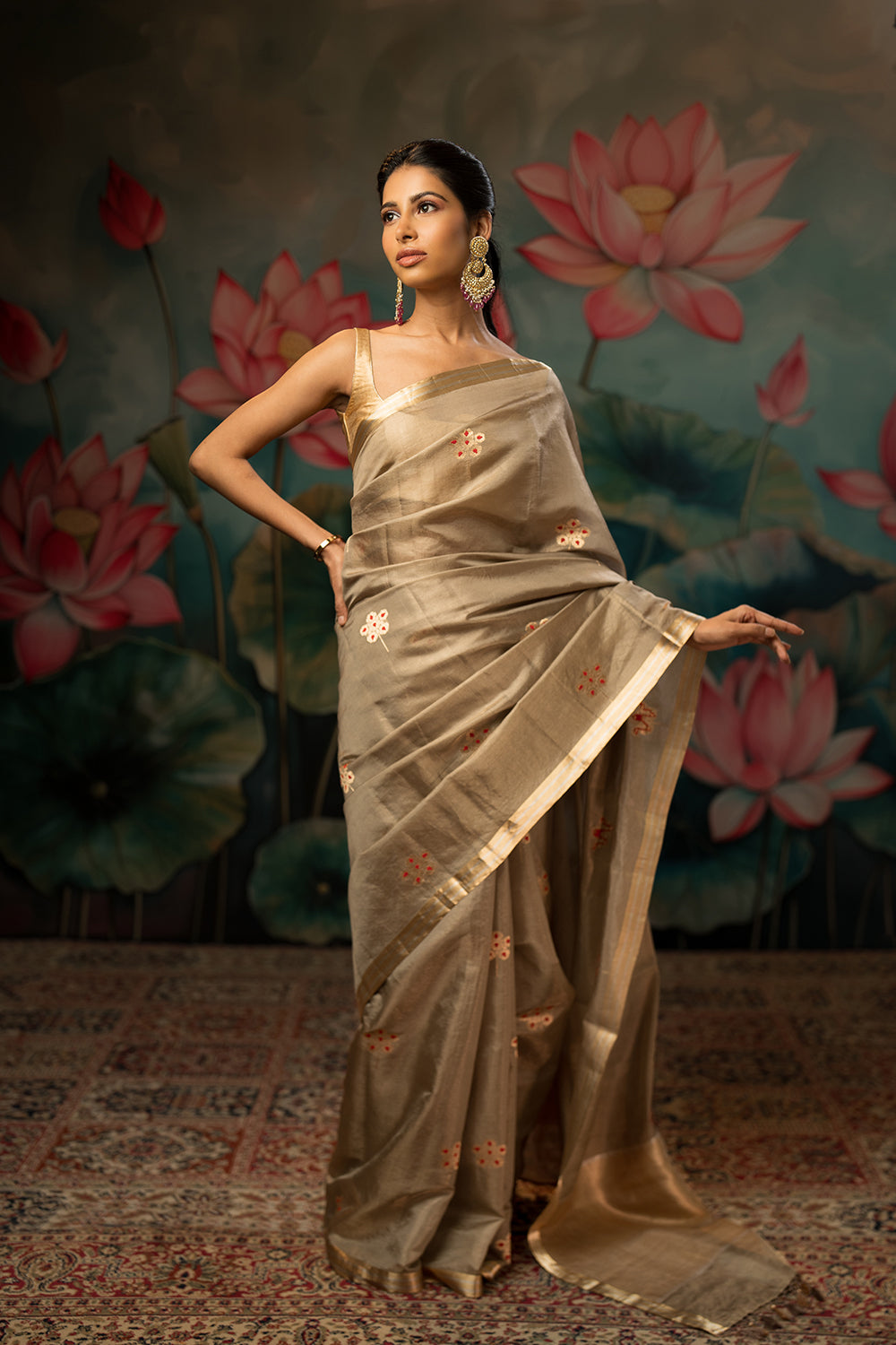 Antique Silver Handwoven Pure Tissue Chanderi Saree