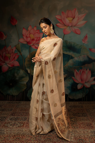 Ivory Handwoven Pure Tissue Chanderi Saree