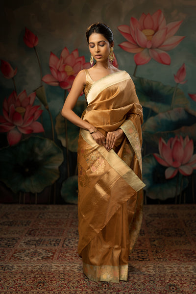 Antique Gold Handwoven Pure Tissue Twill Saree
