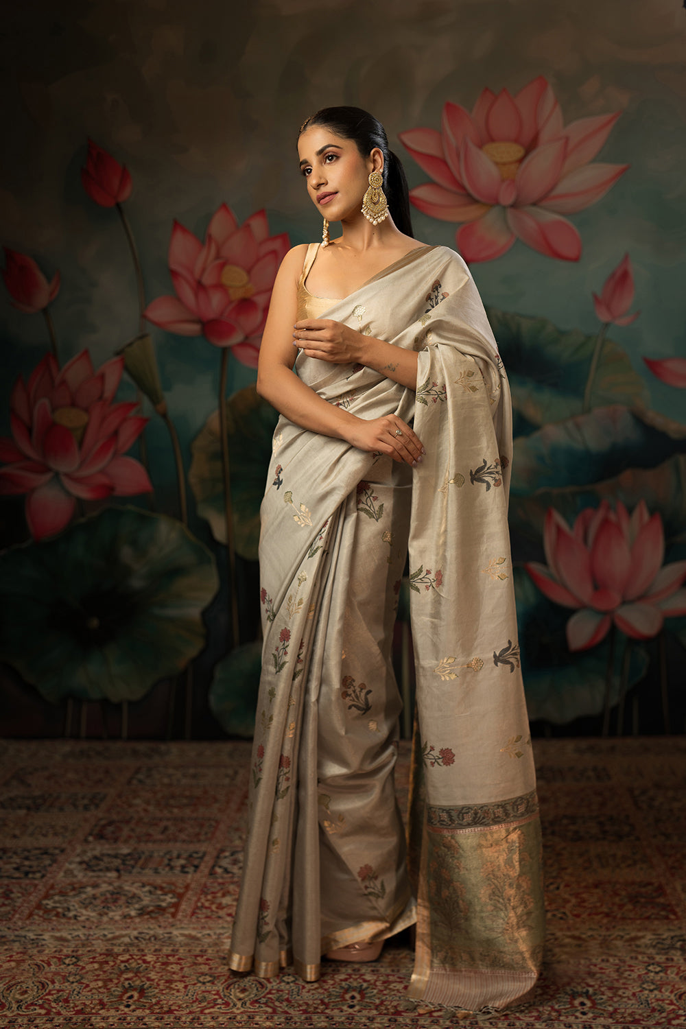 Ash Grey Handwoven Pure Tissue Chanderi Saree
