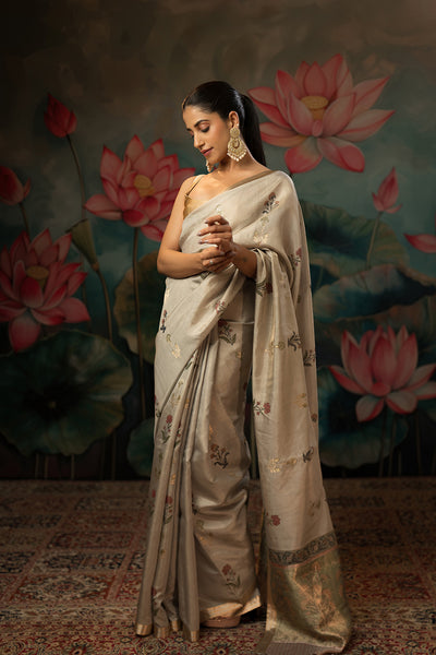 Ash Grey Handwoven Pure Tissue Chanderi Saree