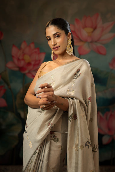 Ash Grey Handwoven Pure Tissue Chanderi Saree