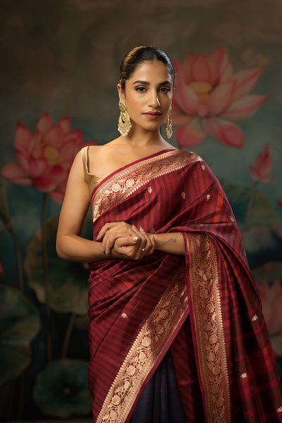 Garnet-Indigo Handwoven Pure Mashru Silk Saree