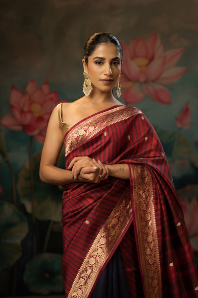 Garnet-Indigo Handwoven Pure Mashru Silk Saree