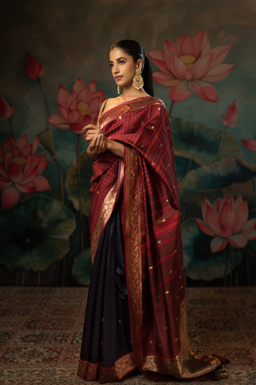 Garnet-Indigo Handwoven Pure Mashru Silk Saree