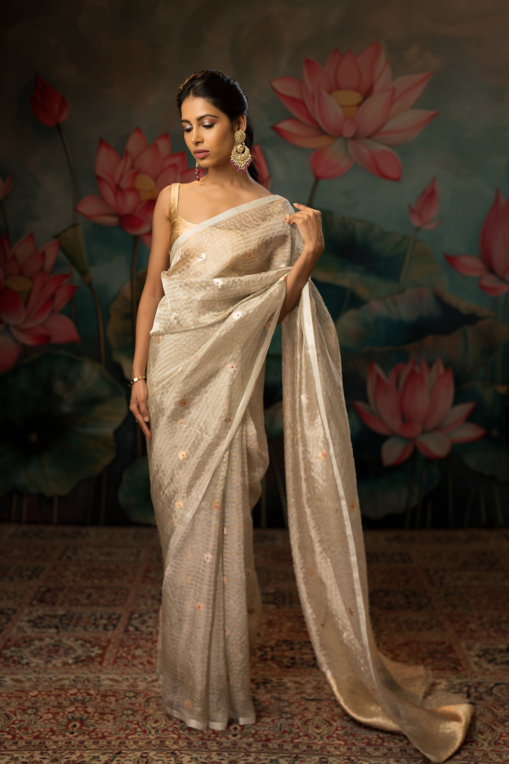 Silver-Gold Stripe Handwoven Pure Tissue Saree