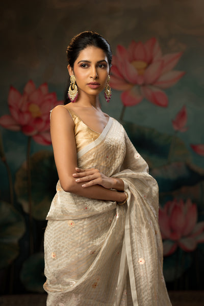 Silver-Gold Stripe Handwoven Pure Tissue Saree
