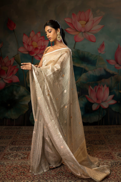 Silver-Gold Stripe Handwoven Pure Tissue Saree