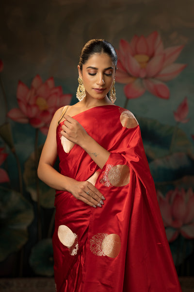 Blood Red Handwoven Pure Satin Silk Saree