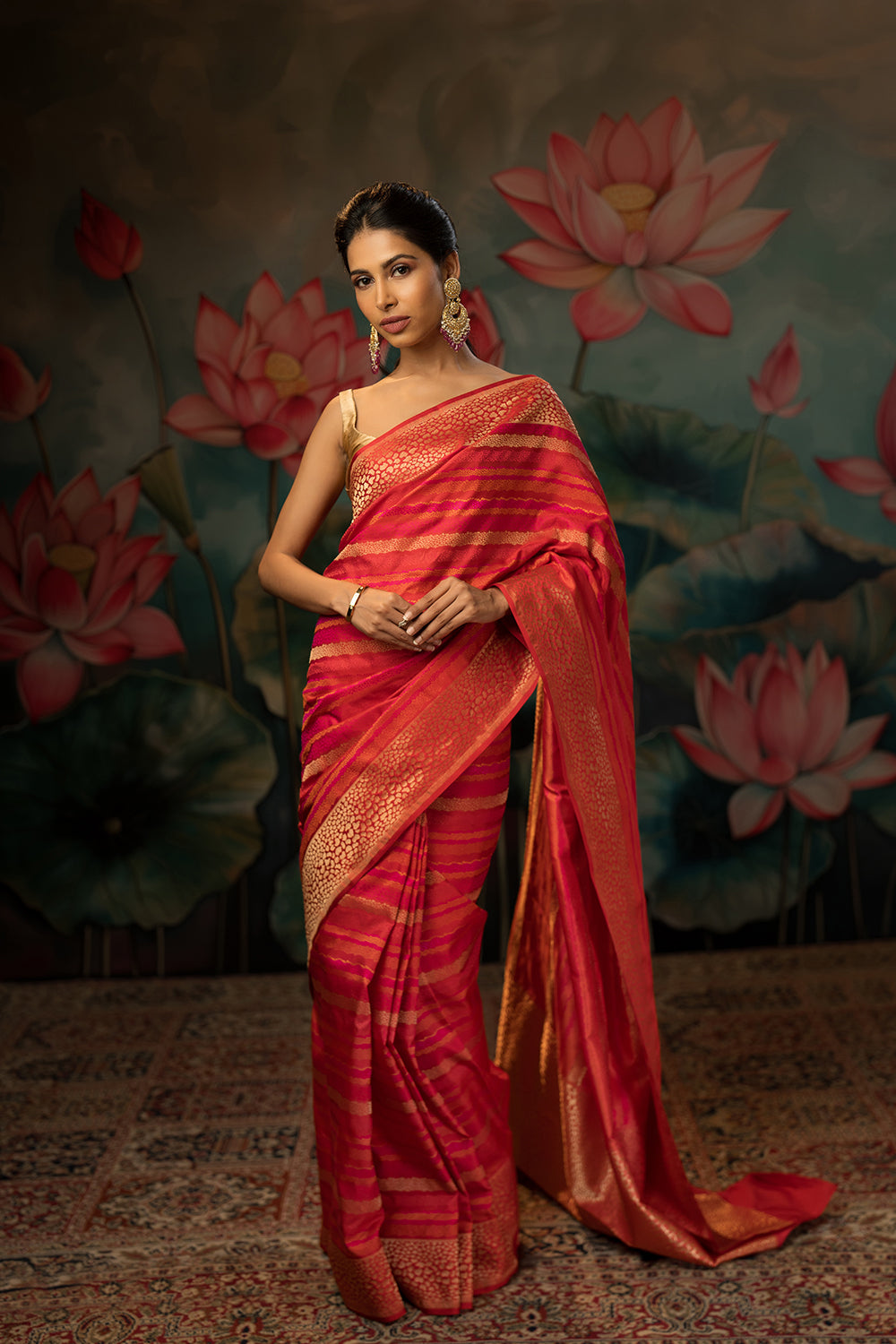 Red-pink Handwoven Pure Satin Silk Saree