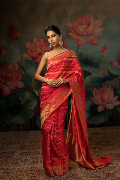 Red-pink Handwoven Pure Satin Silk Saree