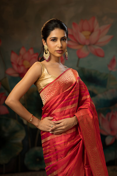 Red-pink Handwoven Pure Satin Silk Saree