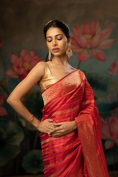 Red-pink Handwoven Pure Satin Silk Saree