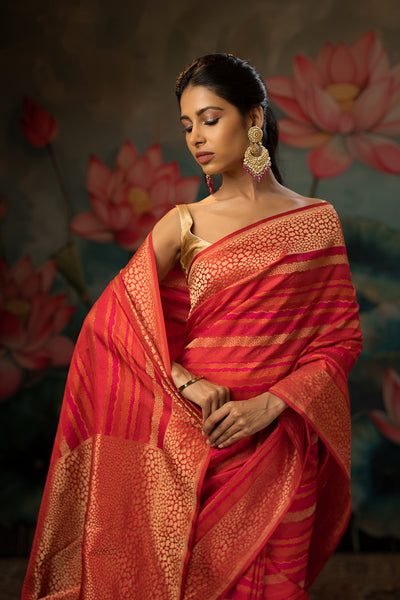 Red-pink Handwoven Pure Satin Silk Saree