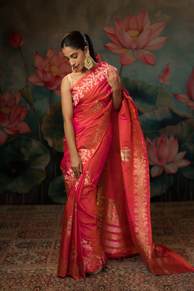 Shot pink Handwoven Pure Silk Saree