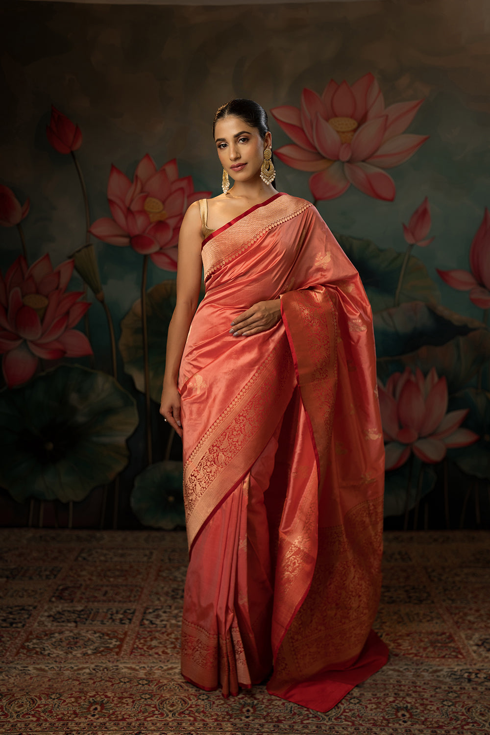 Salmon pink-red Handwoven Pure Silk Saree