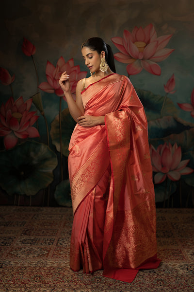 Salmon pink-red Handwoven Pure Silk Saree