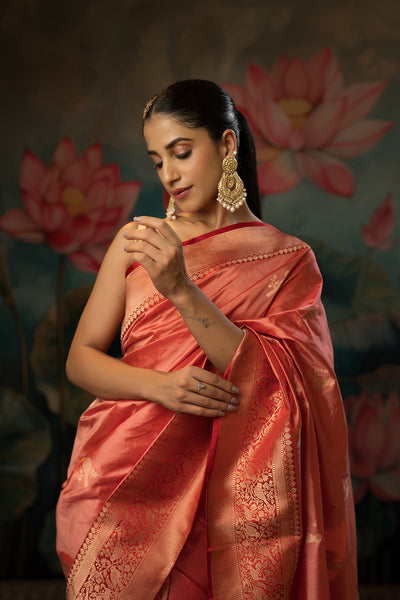 Salmon pink-red Handwoven Pure Silk Saree