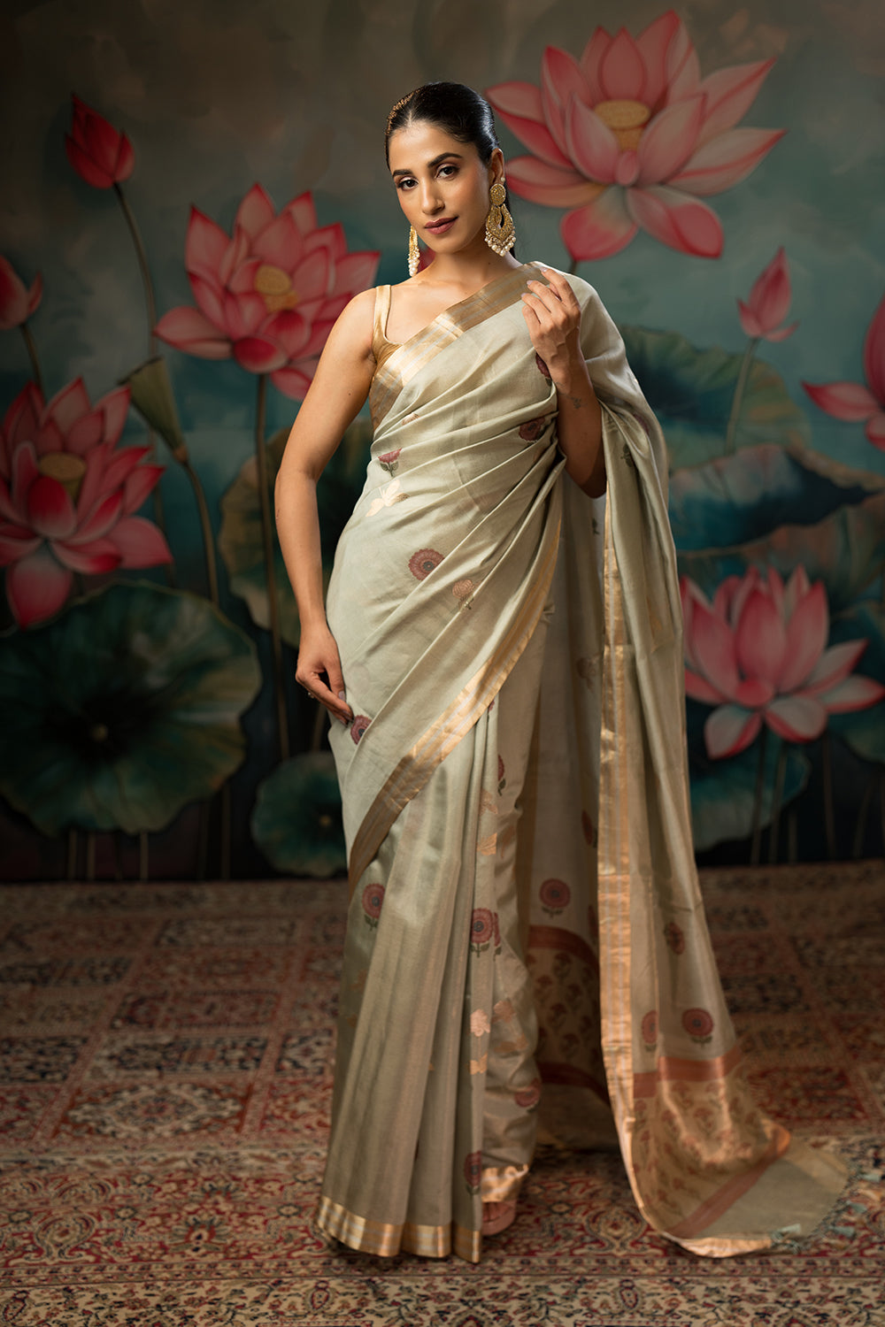 Dusty Blue Handwoven Pure Tissue Chanderi Saree