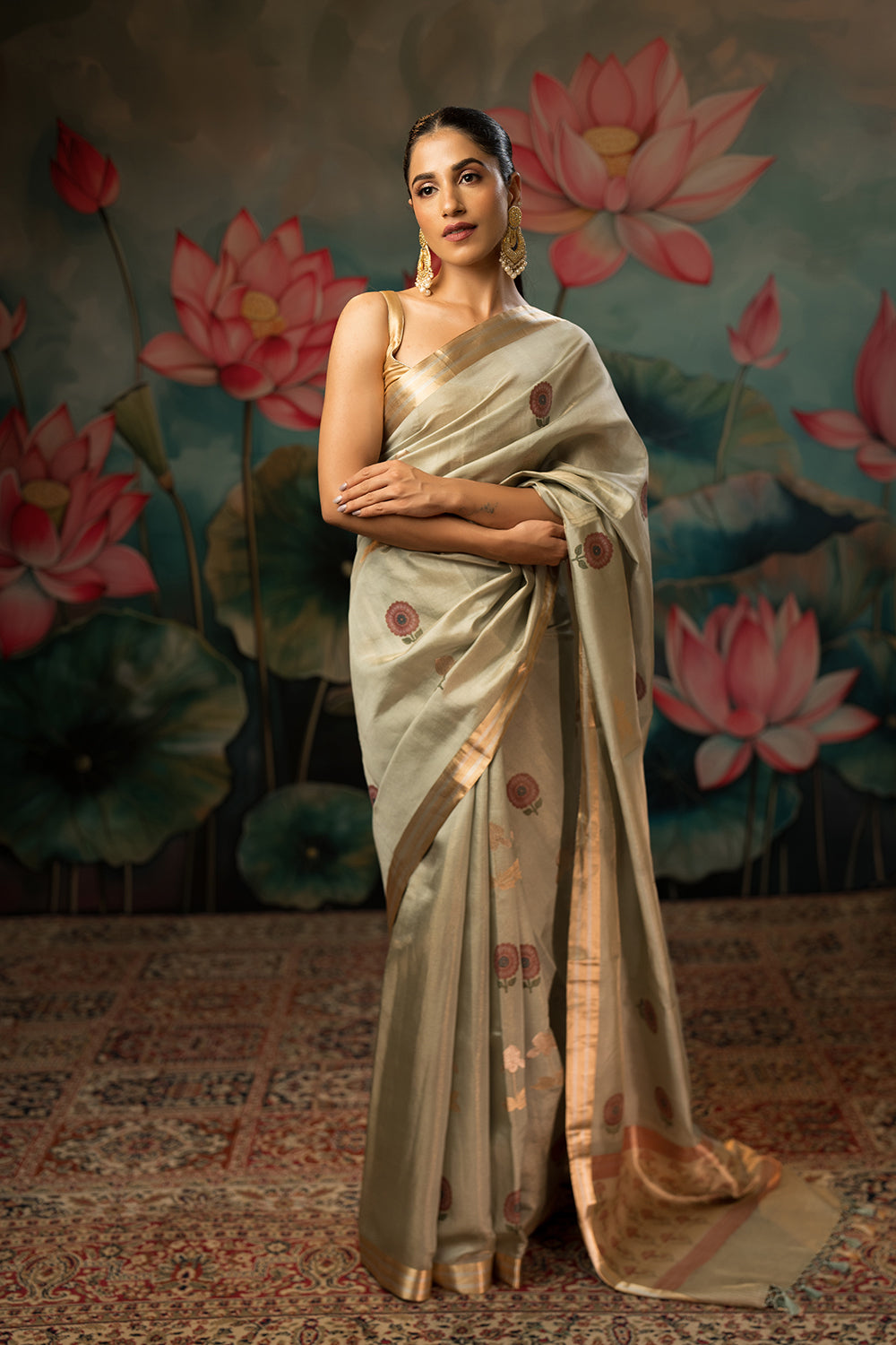 Dusty Blue Handwoven Pure Tissue Chanderi Saree