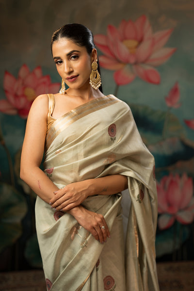 Dusty Blue Handwoven Pure Tissue Chanderi Saree