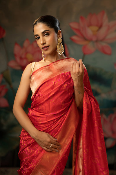 Red-Pink Handwoven Pure Satin Silk Saree