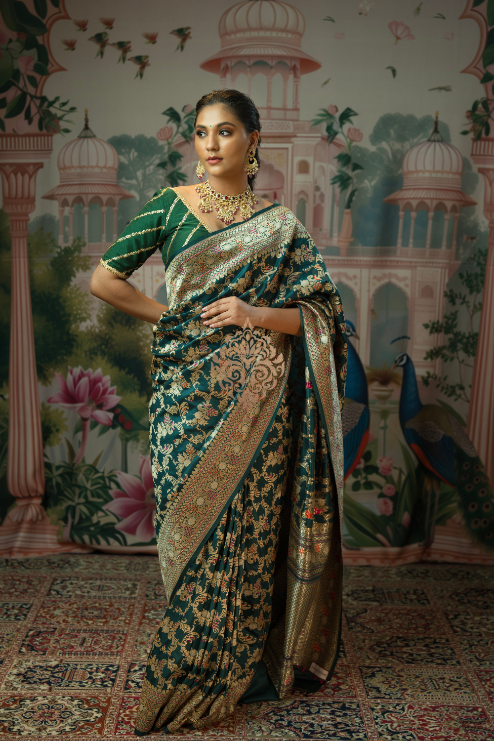 Handwoven vintage revival bottle green jangla saree