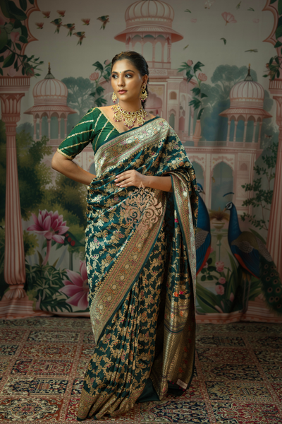 Handwoven vintage revival bottle green jangla saree