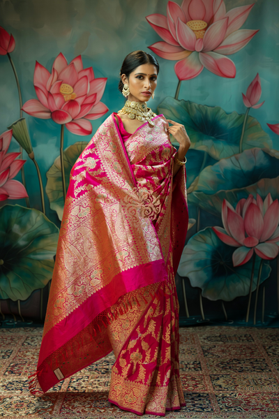 Handwoven vintage revival fuschia pink silk saree